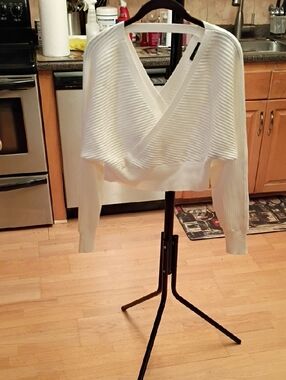 Angie White Off-the-Shoulder Ribbed Wrap Sweater